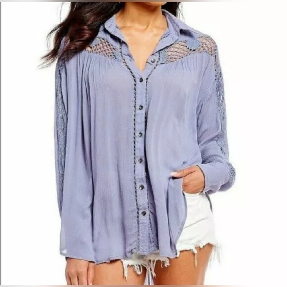 Free People Blue Katie Bird Button Down Crochet Shirt Tunic Top Large